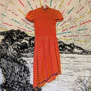 Vintage 70s Boho Hippie Smocked Asymmetrical Midi Dress